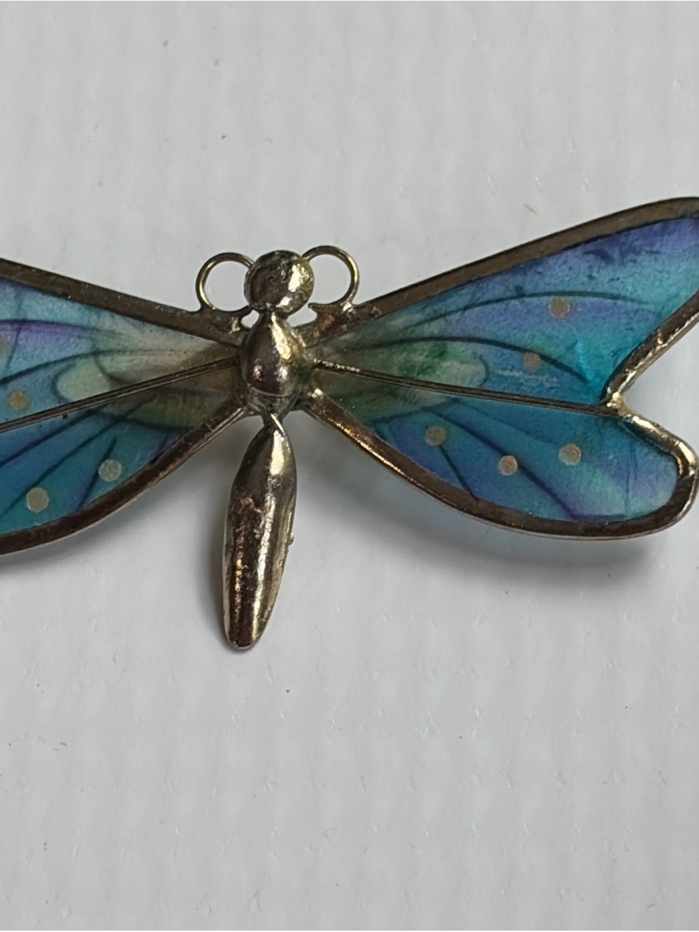 Vintage Capiz Shell Dragonfly Blue Green Gold Tone Brooch